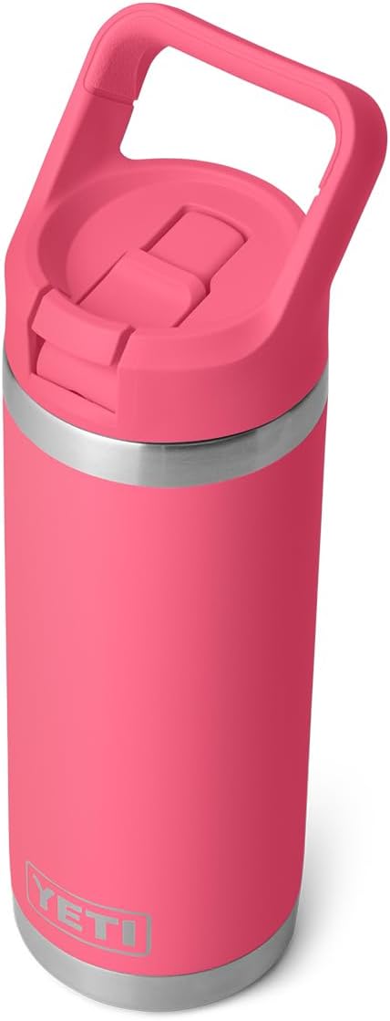 YETI Rambler 18 oz Bottle, Vacuum Insulated, Stainless Steel with Color Matching Straw Cap, Tropical Pink