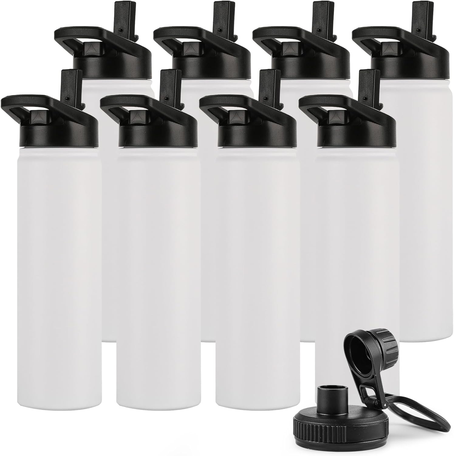 DOMICARE Insulated Water Bottle, 22 oz Vacuum Insulated Stainless Steel Reusable Sports Bottle with Straw Lid & Spout Lid for Travel, Camping, Bike, Leakproof, White, 8 Pack