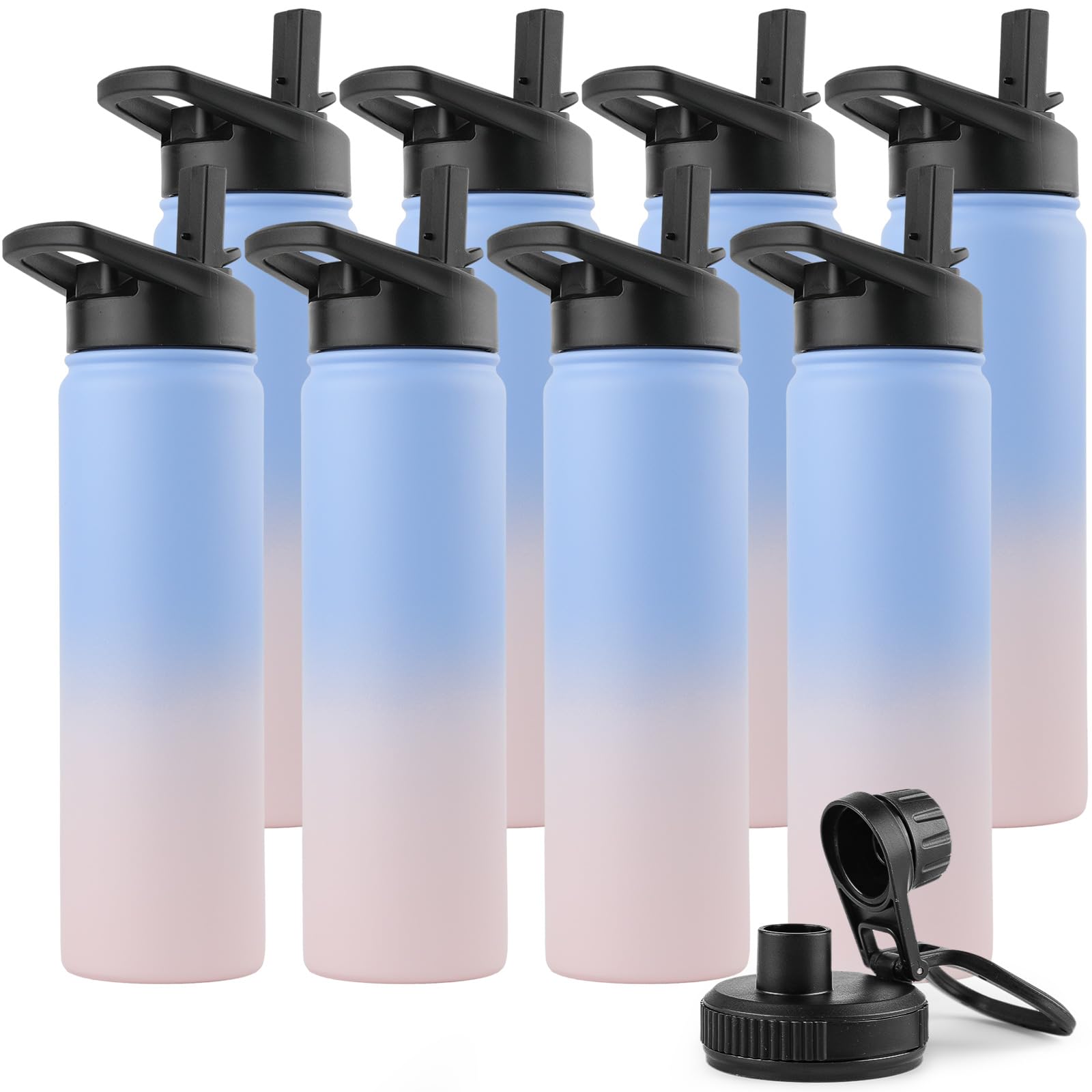 DOMICARE Insulated Water Bottle, 22 oz Vacuum Insulated Stainless Steel Reusable Sports Bottle with Straw Lid & Spout Lid for Travel, Camping, Bike, Leakproof, White, 8 Pack