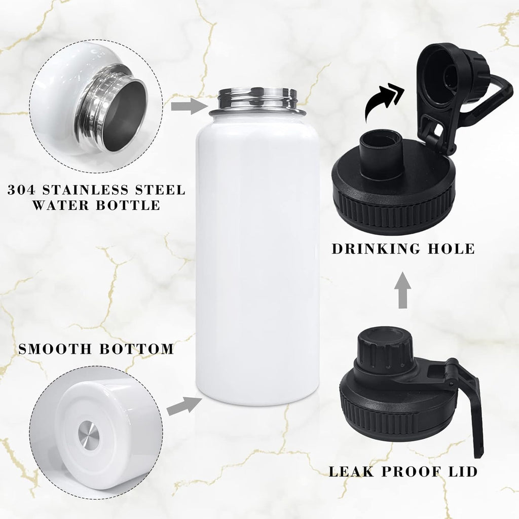 32oz Stainless Steel Sublimation Sports Water Bottle,Insulated Thermos Mugs with Shrink Wrap Films and Wide Mouth Lid,Double Wall Vacuum Tumbler Keeps Liquids Hot or Cold (White 8 PACK)