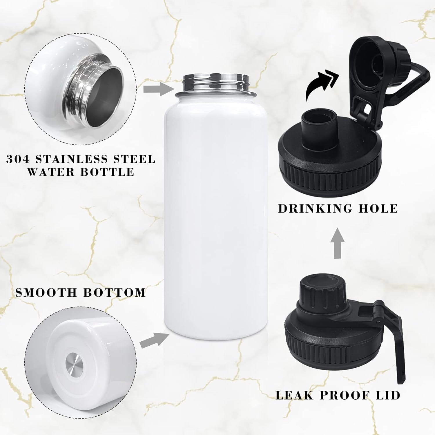 32oz Stainless Steel Sublimation Sports Water Bottle,Insulated Thermos Mugs with Shrink Wrap Films and Wide Mouth Lid,Double Wall Vacuum Tumbler Keeps Liquids Hot or Cold (White 8 PACK)