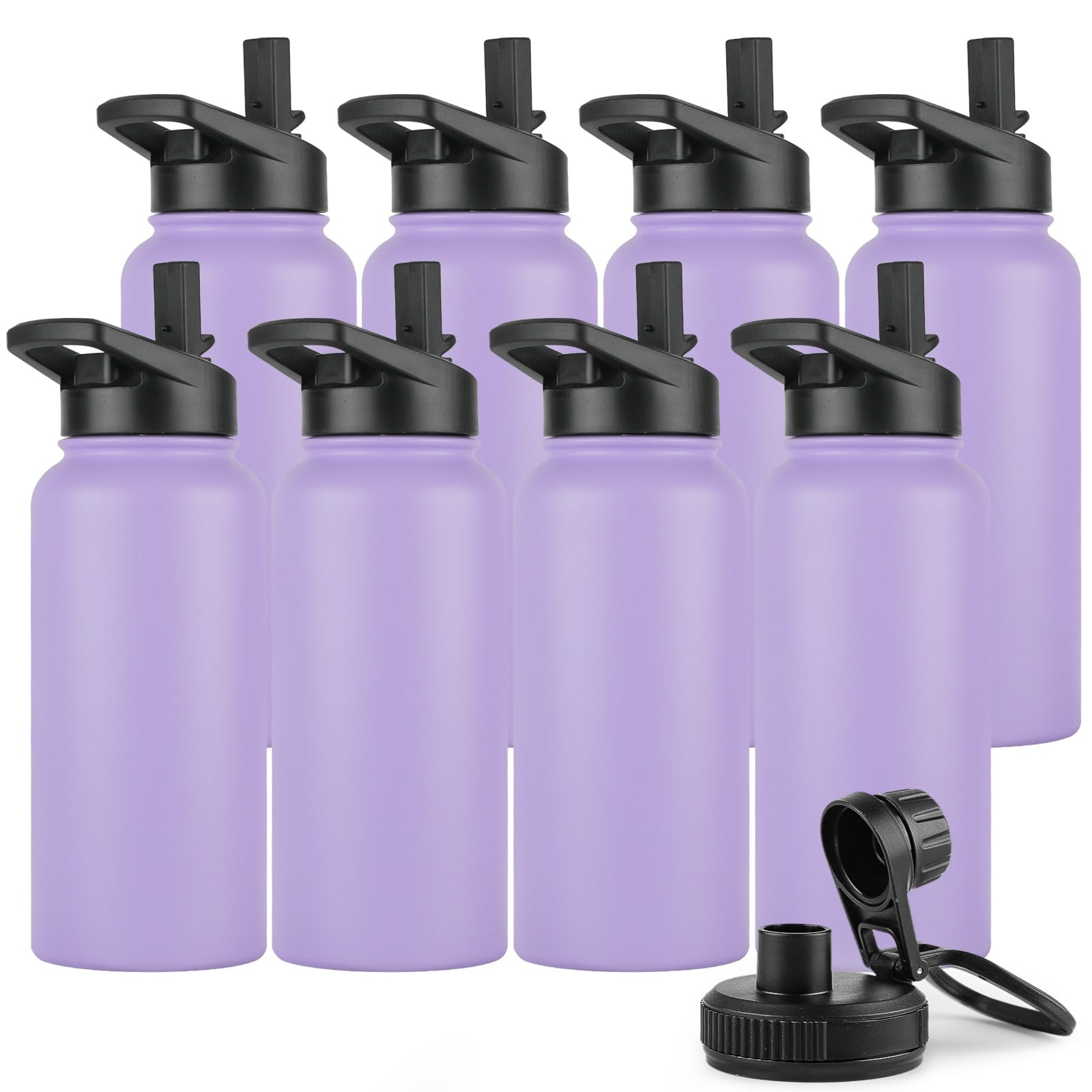 DOMICARE Insulated Water Bottle, 22 oz Vacuum Insulated Stainless Steel Reusable Sports Bottle with Straw Lid & Spout Lid for Travel, Camping, Bike, Leakproof, White, 8 Pack