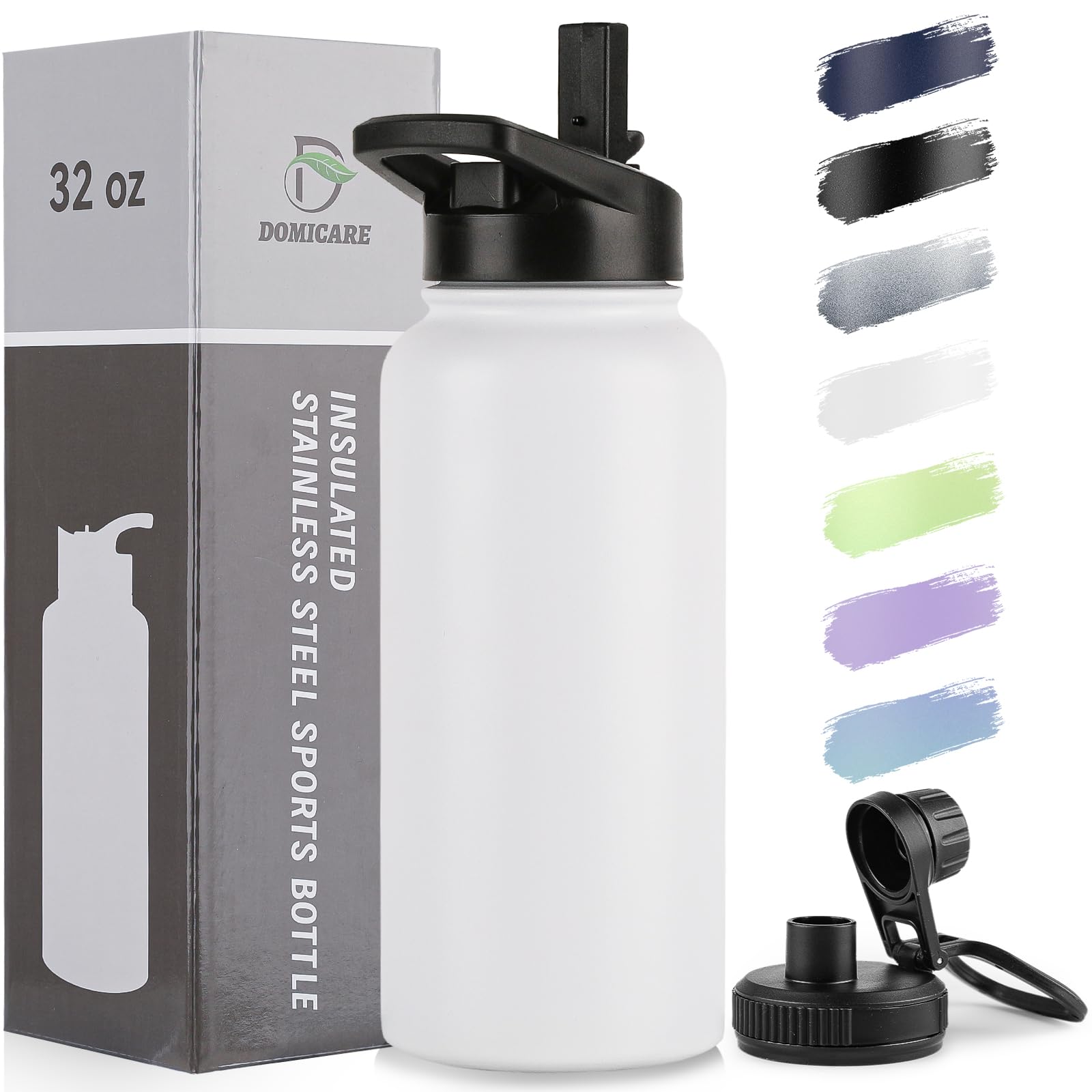 DOMICARE Insulated Water Bottle, 22 oz Vacuum Insulated Stainless Steel Reusable Sports Bottle with Straw Lid & Spout Lid for Travel, Camping, Bike, Leakproof, White, 8 Pack