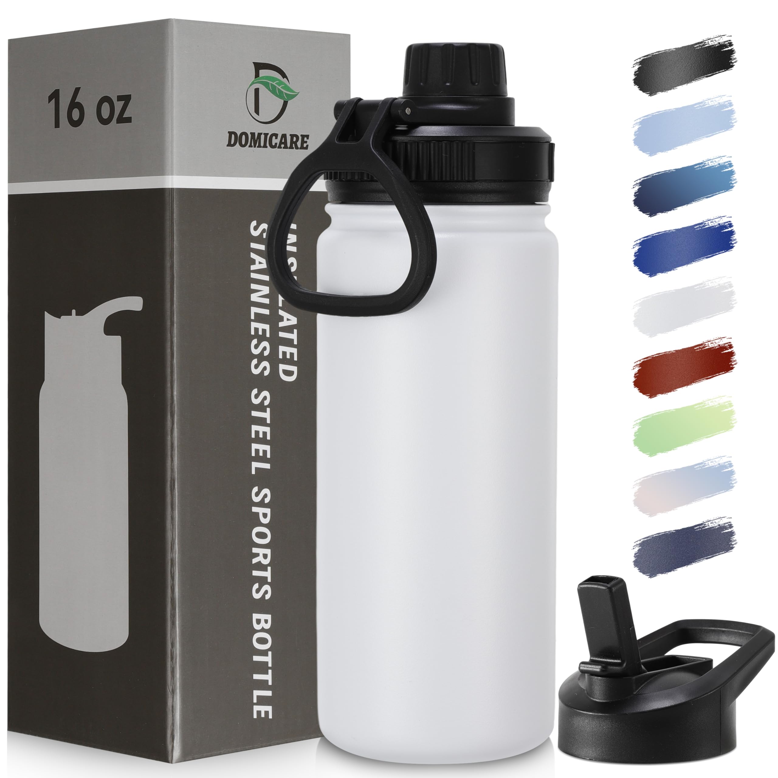 DOMICARE Insulated Water Bottle, 22 oz Vacuum Insulated Stainless Steel Reusable Sports Bottle with Straw Lid & Spout Lid for Travel, Camping, Bike, Leakproof, White, 8 Pack