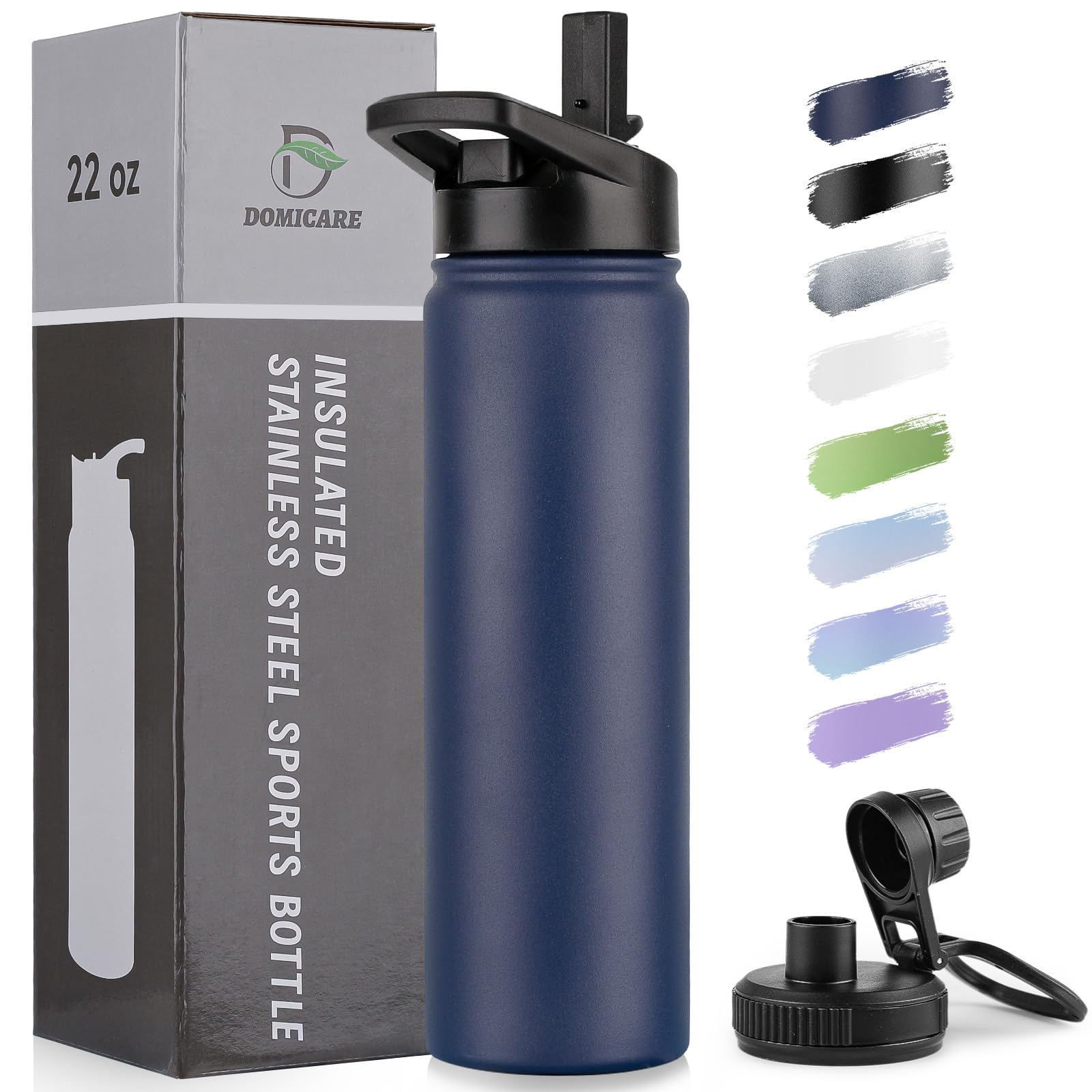 DOMICARE Insulated Water Bottle, 22 oz Vacuum Insulated Stainless Steel Reusable Sports Bottle with Straw Lid & Spout Lid for Travel, Camping, Bike, Leakproof, White, 8 Pack