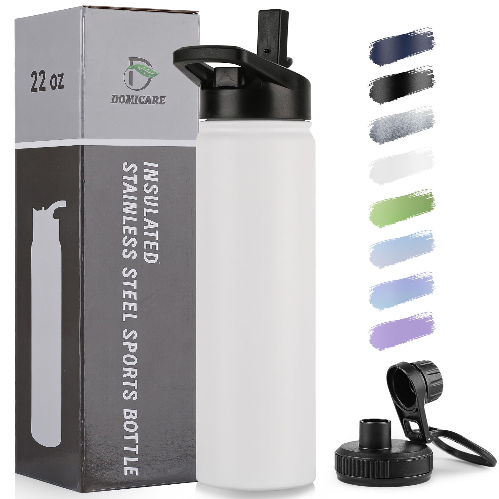 DOMICARE Insulated Water Bottle, 22 oz Vacuum Insulated Stainless Steel Reusable Sports Bottle with Straw Lid & Spout Lid for Travel, Camping, Bike, Leakproof, White, 8 Pack