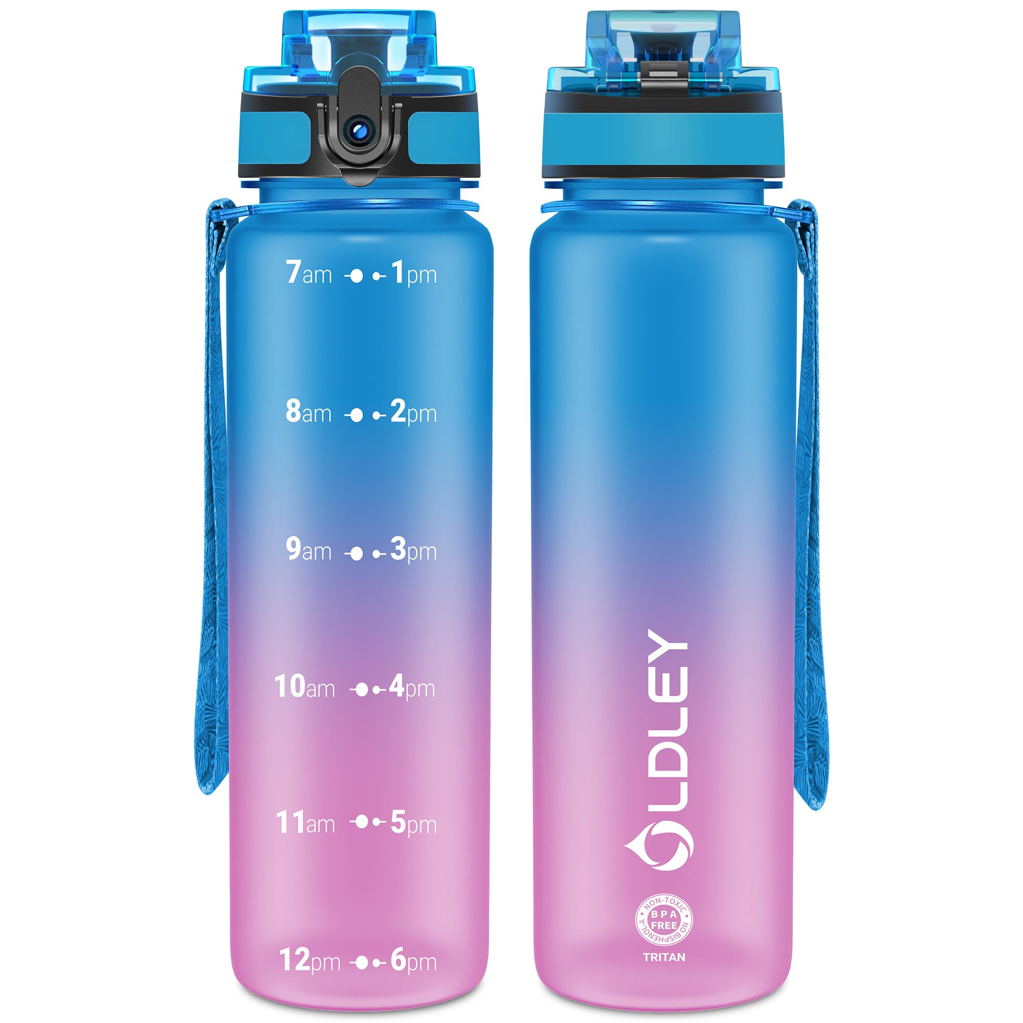 OLDLEY 32 oz Water Bottle, Motivational Water Bottle with Time Marker, Sports Water Bottle With Strap, Leakproof & BPA Free Large Water Bottles for School, Gym, Travel, Outdoor, Tritan, Transparent