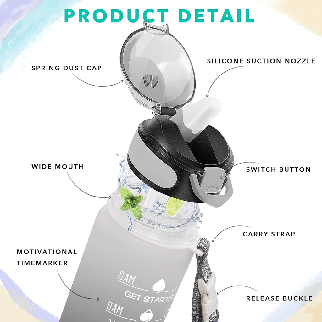 Enerbone 32 oz Drinking Water Bottle with Times to Drink and Straw, Motivational with Carrying Strap, Leakproof BPA & Toxic Free, Ensure You Drink Enough Water for Fitness Gym Outdoor