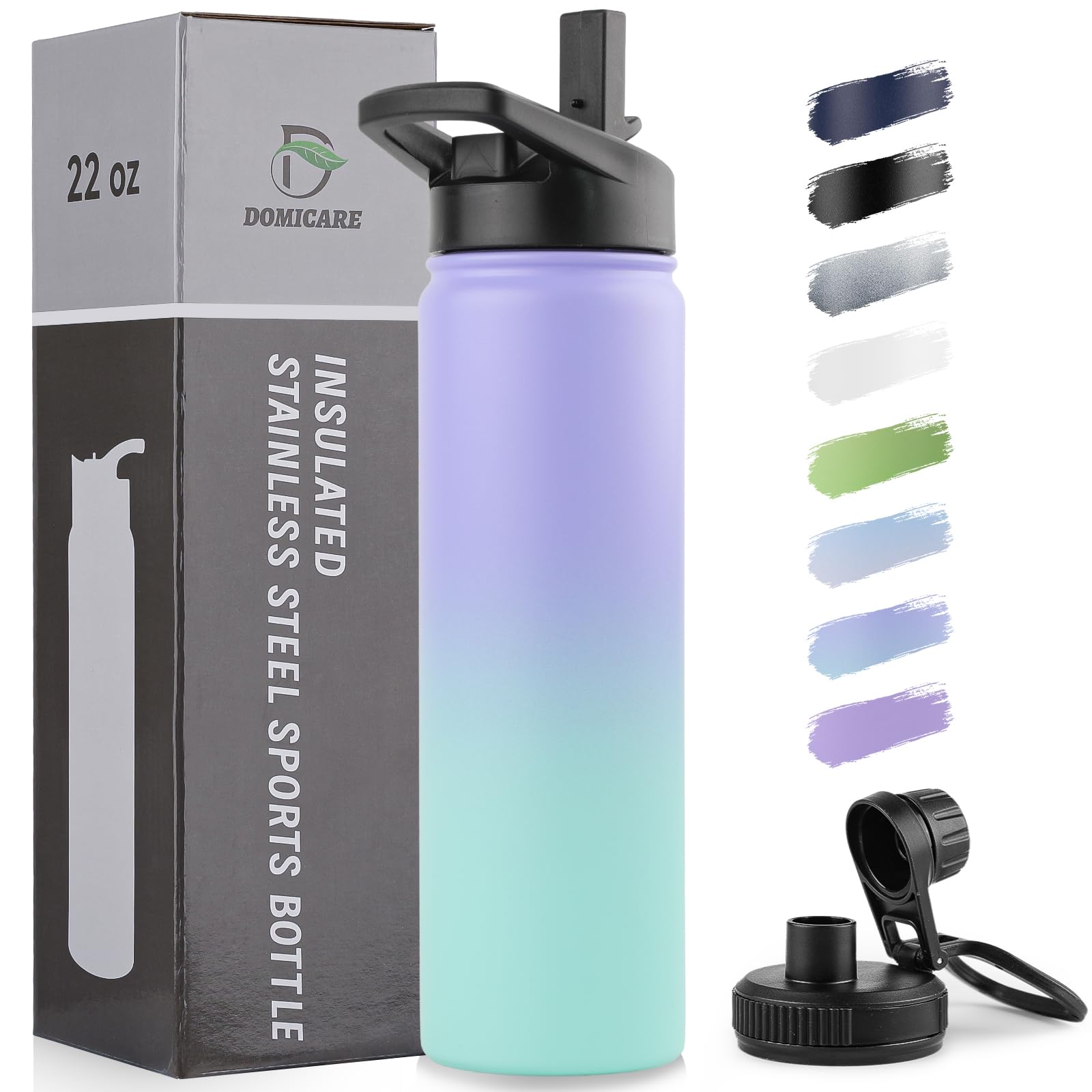 DOMICARE Insulated Water Bottle, 22 oz Vacuum Insulated Stainless Steel Reusable Sports Bottle with Straw Lid & Spout Lid for Travel, Camping, Bike, Leakproof, White, 8 Pack