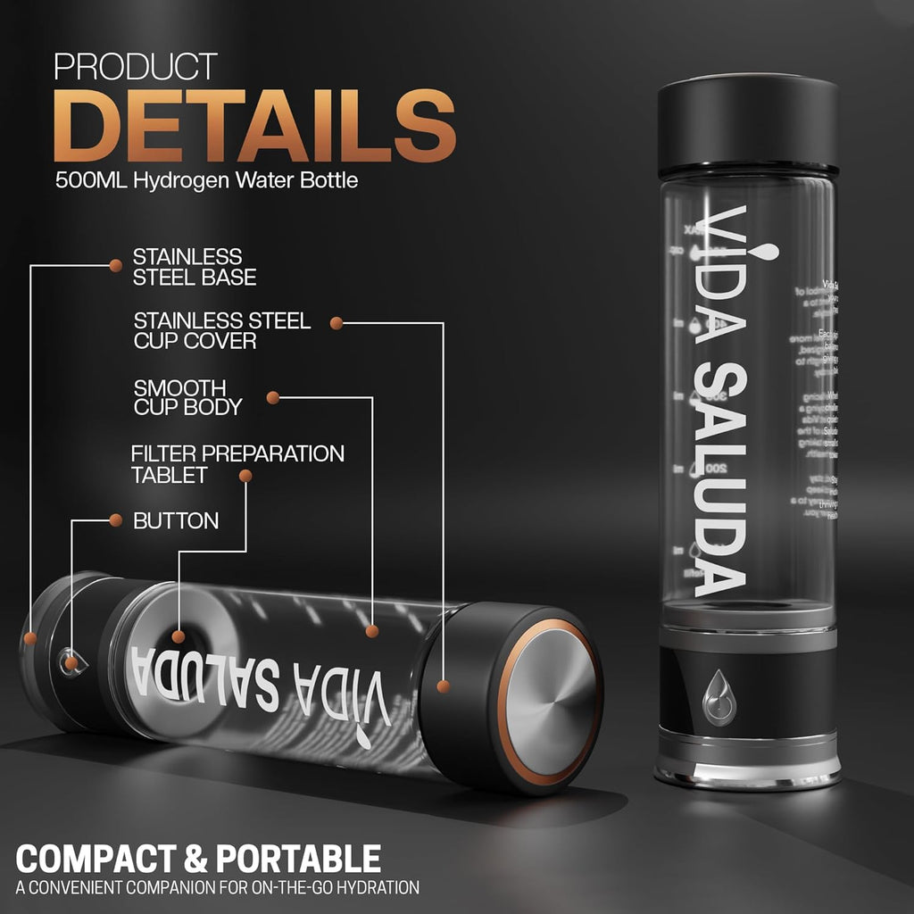 Ionized Hydrogen Rich Water Bottle with Generator in 3 Mins, USB Rechargeable Portable Glass Bottle with Advanced SPE PEM Technology for Gym, Office, Travel & Workout | 500ml | Black