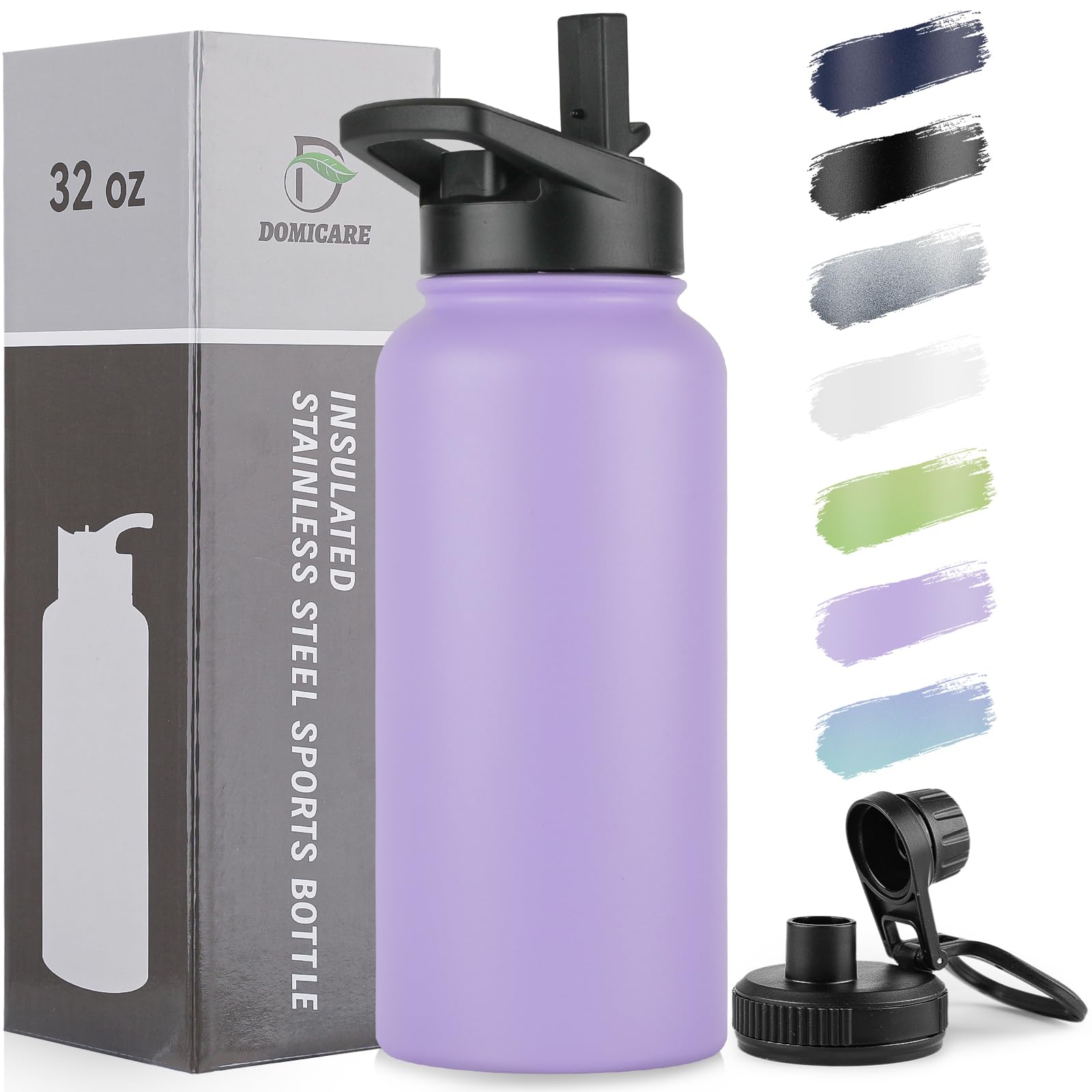 DOMICARE Insulated Water Bottle, 22 oz Vacuum Insulated Stainless Steel Reusable Sports Bottle with Straw Lid & Spout Lid for Travel, Camping, Bike, Leakproof, White, 8 Pack