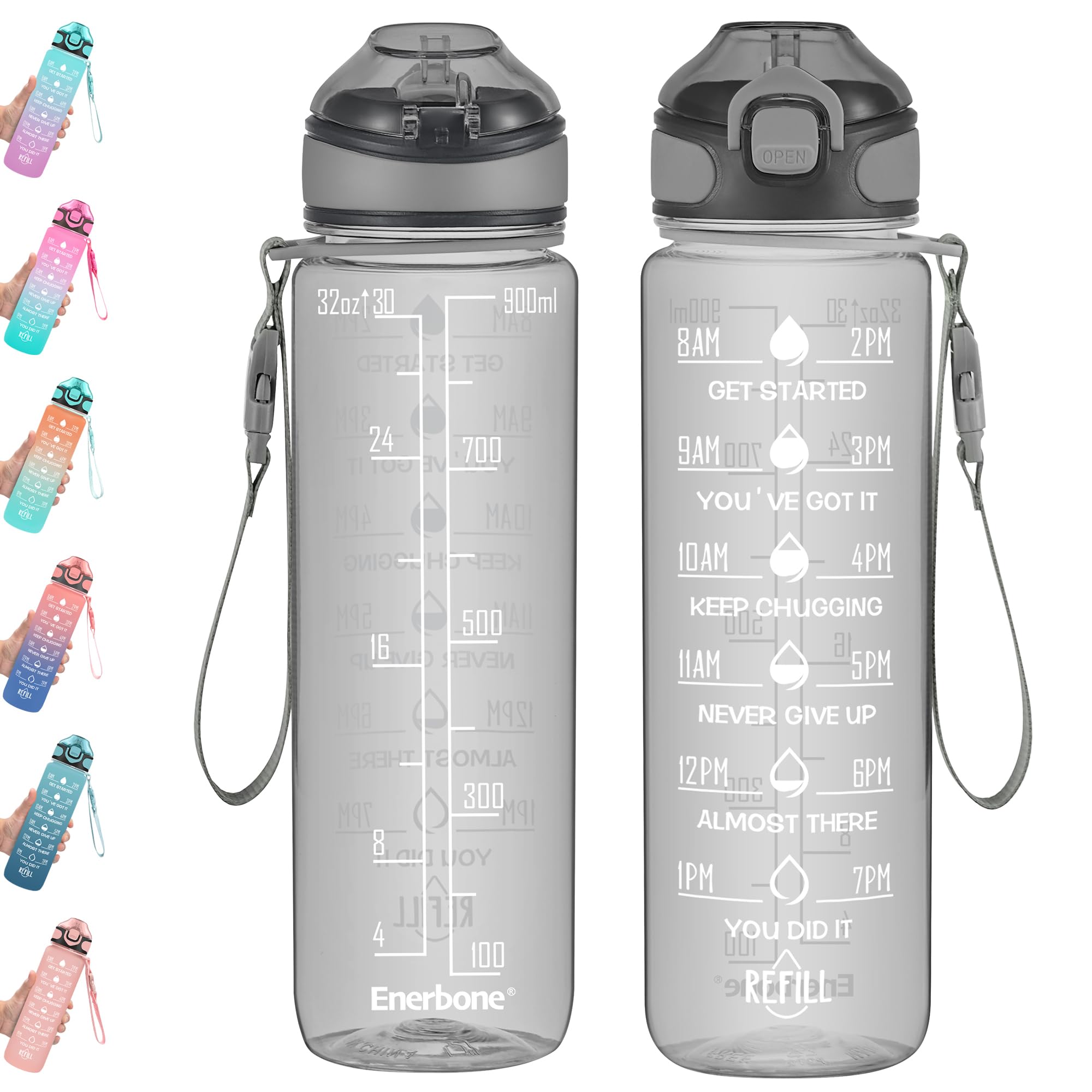 Enerbone 32 oz Drinking Water Bottle with Times to Drink and Straw, Motivational with Carrying Strap, Leakproof BPA & Toxic Free, Ensure You Drink Enough Water for Fitness Gym Outdoor