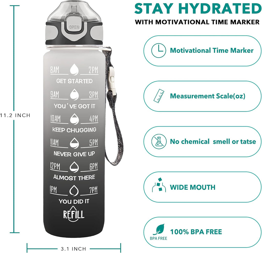 Enerbone 32 oz Drinking Water Bottle with Times to Drink and Straw, Motivational with Carrying Strap, Leakproof BPA & Toxic Free, Ensure You Drink Enough Water for Fitness Gym Outdoor