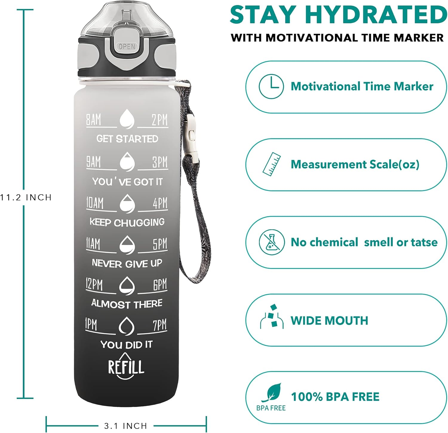 Enerbone 32 oz Drinking Water Bottle with Times to Drink and Straw, Motivational with Carrying Strap, Leakproof BPA & Toxic Free, Ensure You Drink Enough Water for Fitness Gym Outdoor