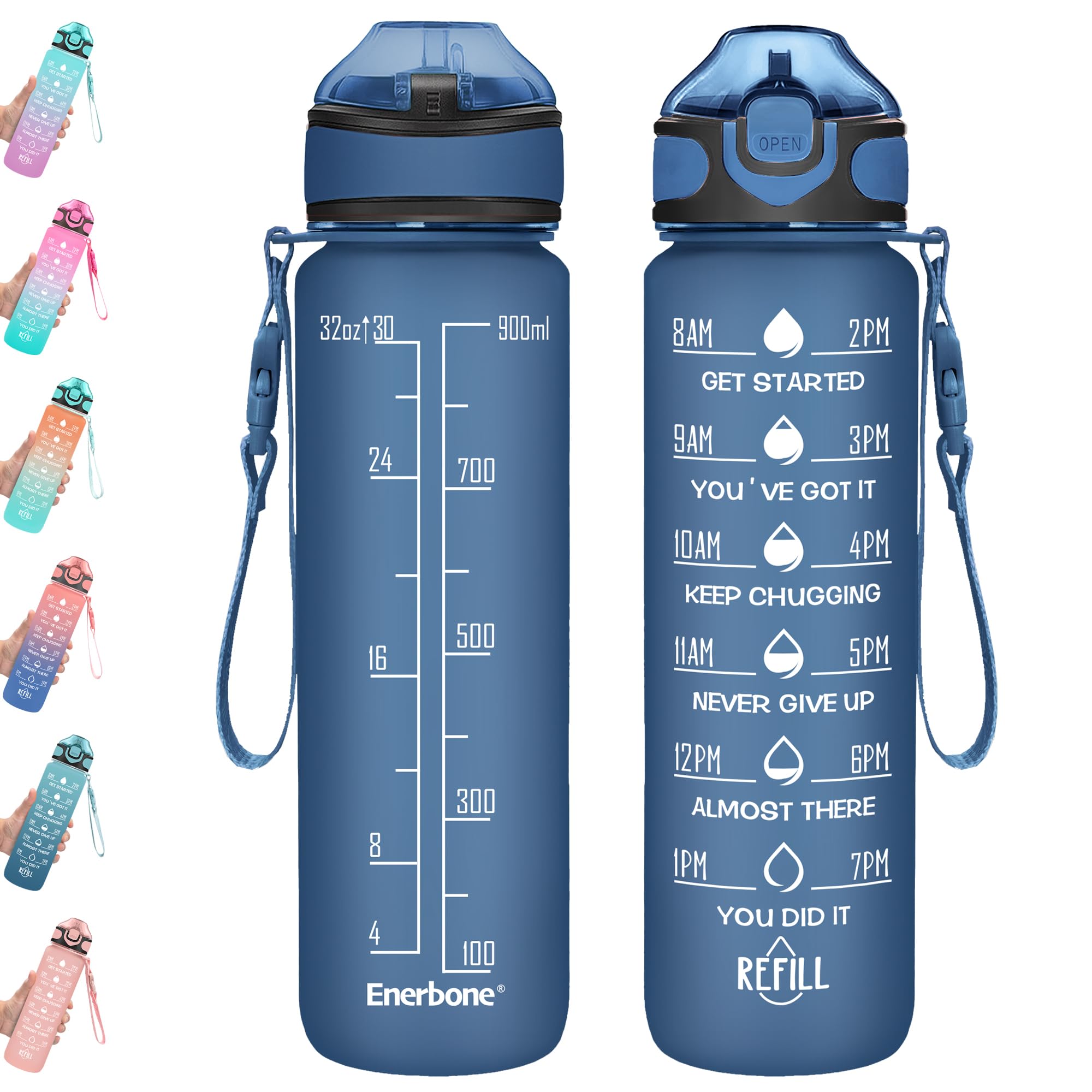 Enerbone 32 oz Drinking Water Bottle with Times to Drink and Straw, Motivational with Carrying Strap, Leakproof BPA & Toxic Free, Ensure You Drink Enough Water for Fitness Gym Outdoor