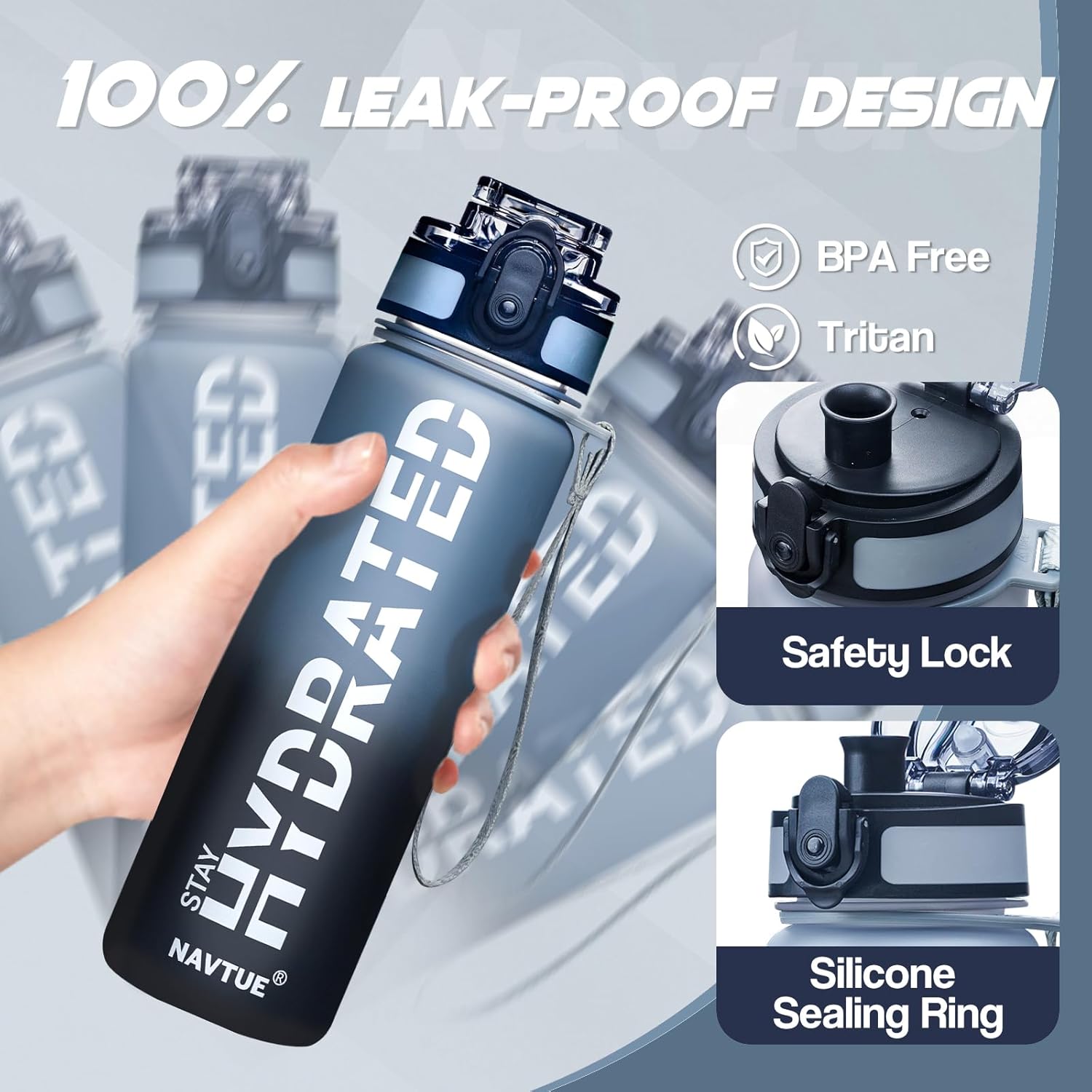 Water Bottle, 16OZ/ 500ML Sports Water Bottles with Time Marker Wide Mouth, Motivational and Leakproof Drink Bottle, BPA Free Tritan with Carry Strap for Gym Fitness Outdoor(1 Bottle)