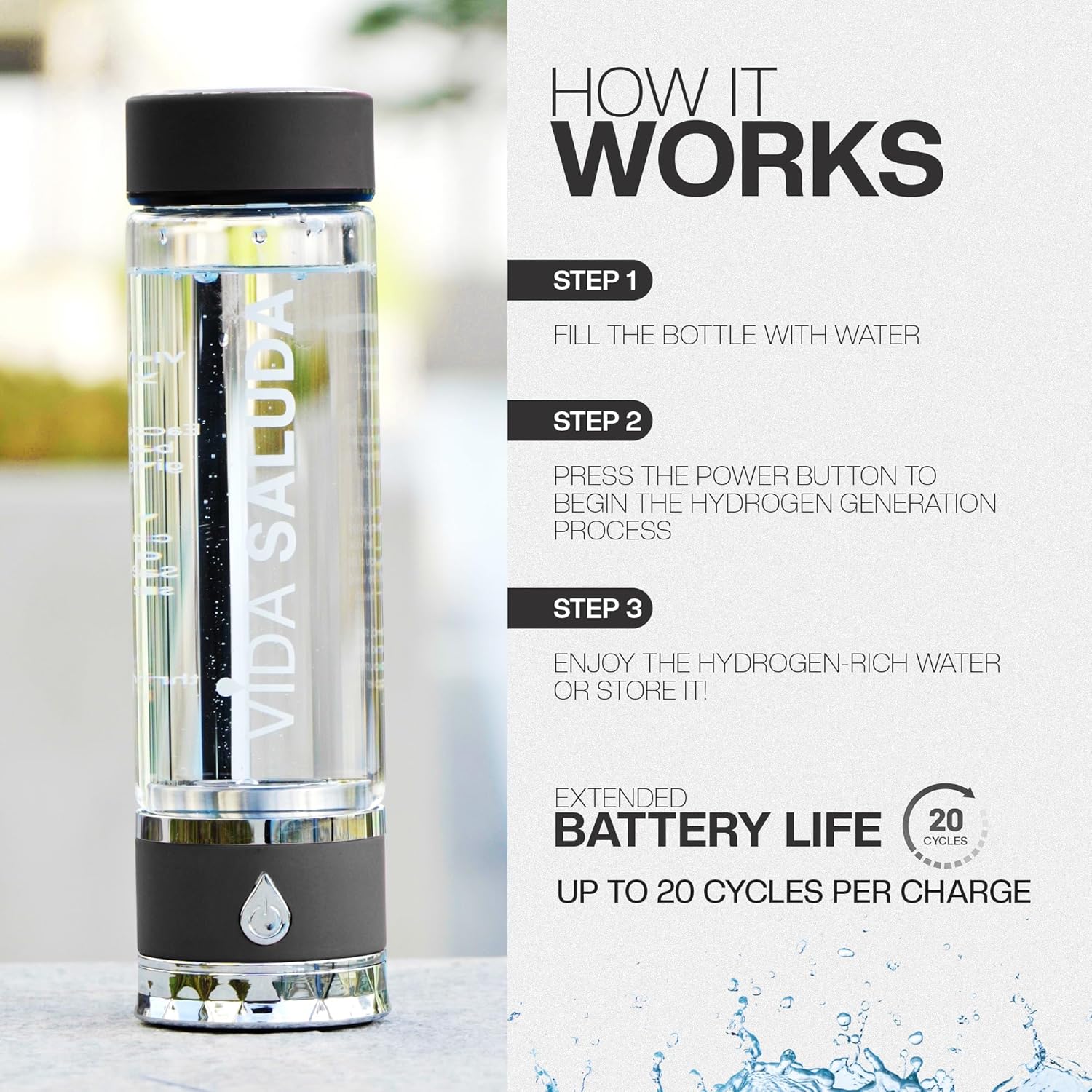 Ionized Hydrogen Rich Water Bottle with Generator in 3 Mins, USB Rechargeable Portable Glass Bottle with Advanced SPE PEM Technology for Gym, Office, Travel & Workout | 500ml | Black