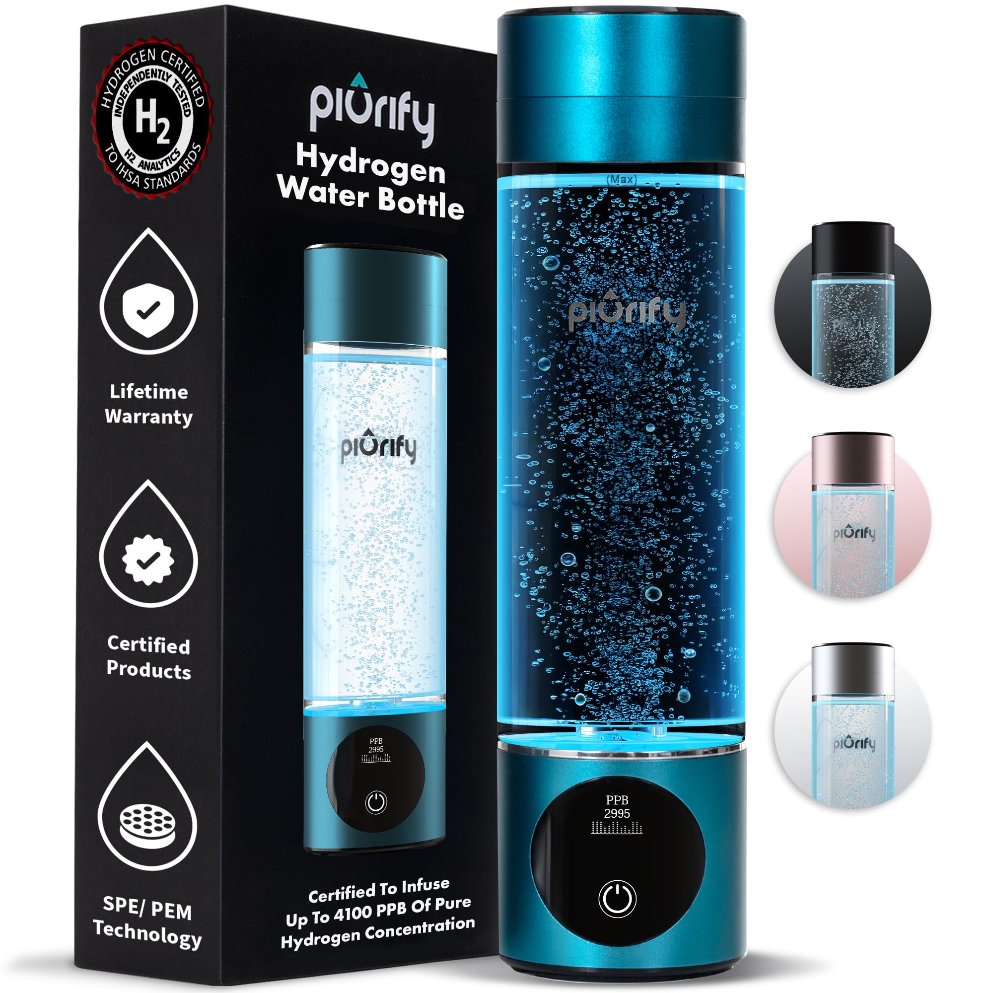 Hydrogen Water Bottle Generator - Up to 4100+ PPB Concentration - SPE/PEM Technology - Certified H2 Generator - Portable Athletic Performance & Hydration System - 6-Hour Hydrogen Retention